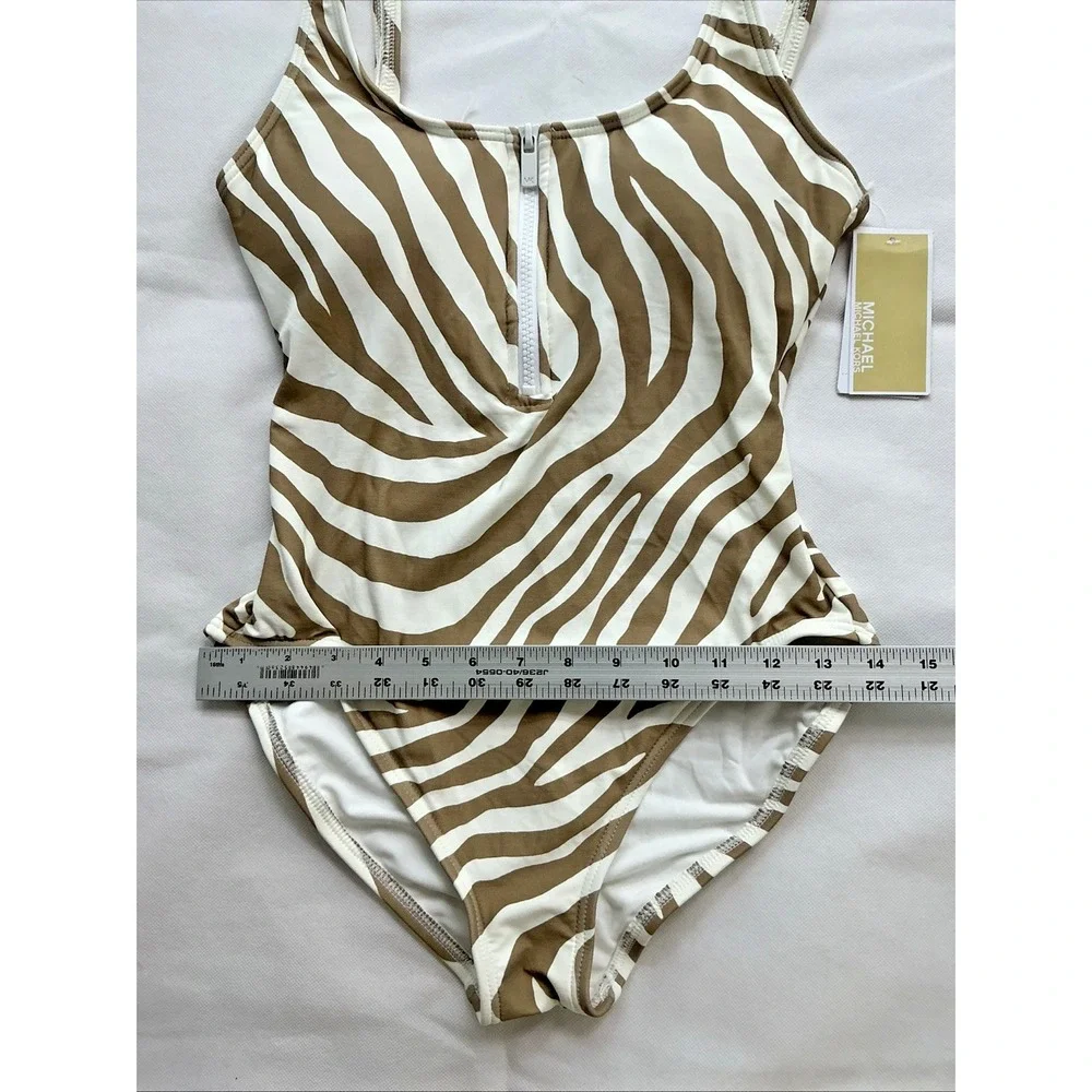 NEW Michael Kors Women's One Piece Swimsuit Size 10 Tan White Zebra Print Zipper